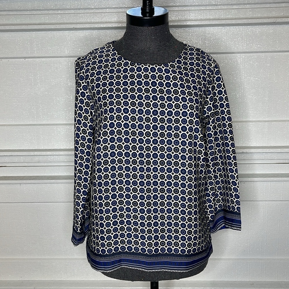 Kenar Blouse Size Small Blouse Blue Geometric Print Top 3/4 Sleeves